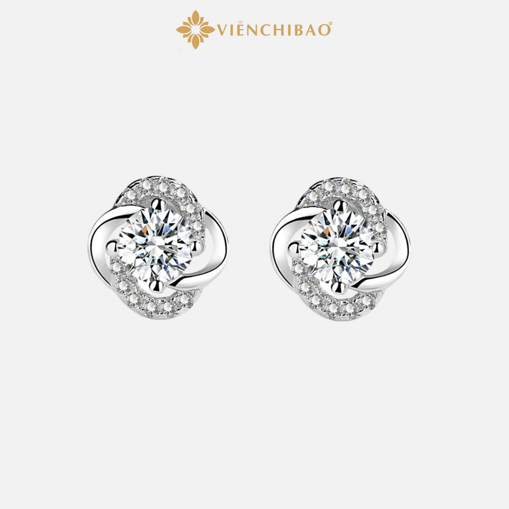 Bông Tai Cỏ 4 Lá Đính Đá Zircon - Bạc S999 - HuyK Viễn Chí Bảo - B400102