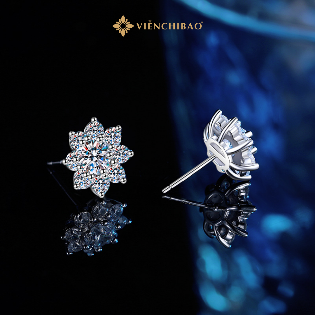 Bông Tai Hoa Sen Moissanite - Bạc Ý S925 - B400305 - HuyK Viễn Chí Bảo