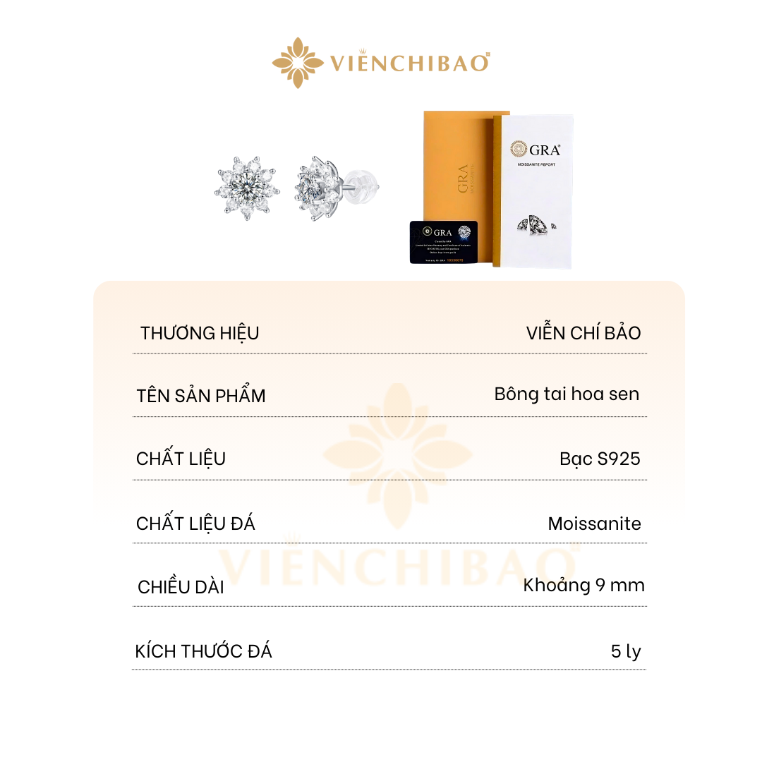 Bông Tai Hoa Sen Moissanite - Bạc Ý S925 - B400305 - HuyK Viễn Chí Bảo