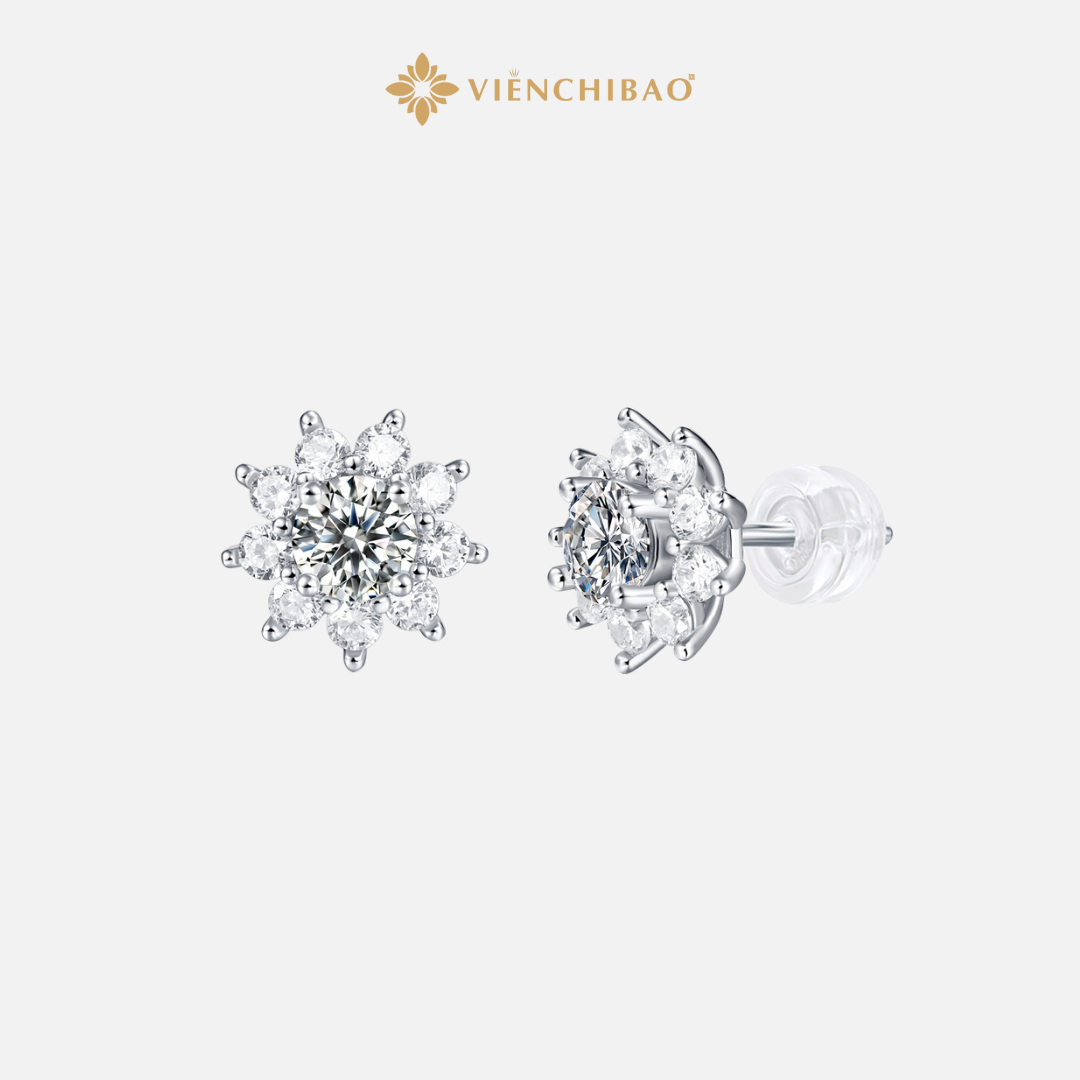 Bông Tai Hoa Sen Moissanite - Bạc Ý S925 - B400305 - HuyK Viễn Chí Bảo