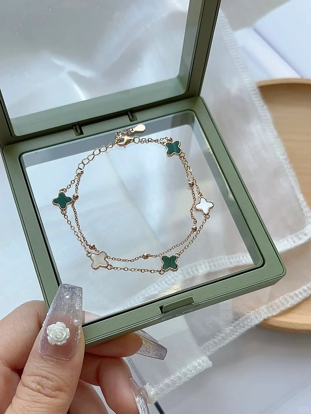 Lắc Tay Dây Chuyền Xi Vàng Hồng Cỏ Bốn Lá - Bạc Ý S925 - HuyK Viễn Chí Bảo