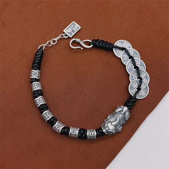 Vòng Tay Tỳ Hưu Đồng Tiền Dây Vải - Bạc Thái S925 - L100714-  HuyK Viễn Chí Bảo