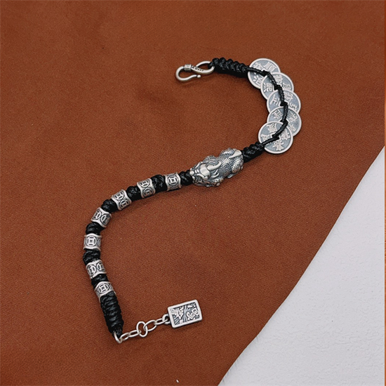 Vòng Tay Tỳ Hưu Đồng Tiền Dây Vải - Bạc Thái S925 - L100714-  HuyK Viễn Chí Bảo