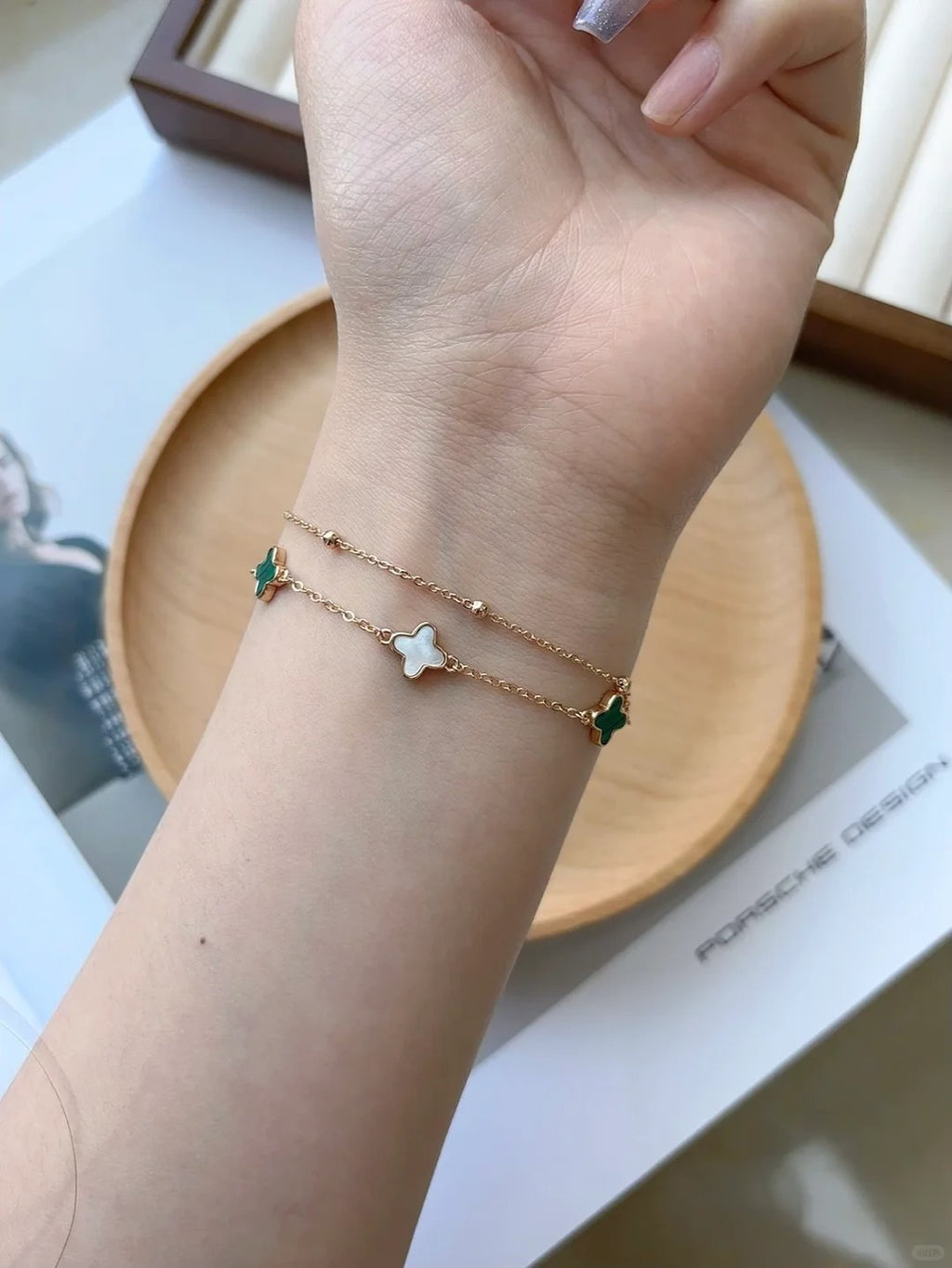 Lắc Tay Dây Chuyền Xi Vàng Hồng Cỏ Bốn Lá - Bạc Ý S925 - HuyK Viễn Chí Bảo