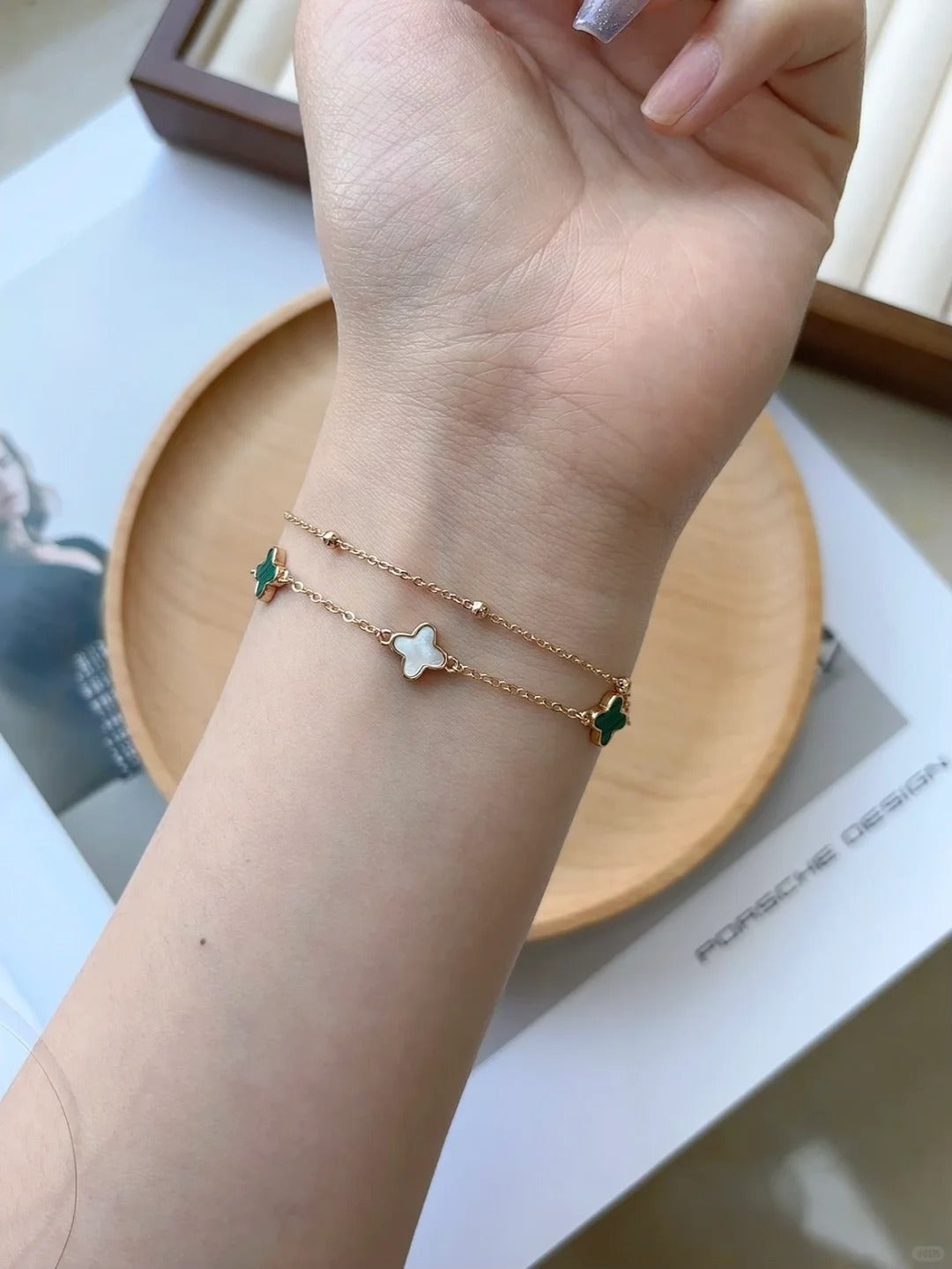 Lắc Tay Dây Chuyền Xi Vàng Hồng Cỏ Bốn Lá - Bạc Ý S925 - HuyK Viễn Chí Bảo