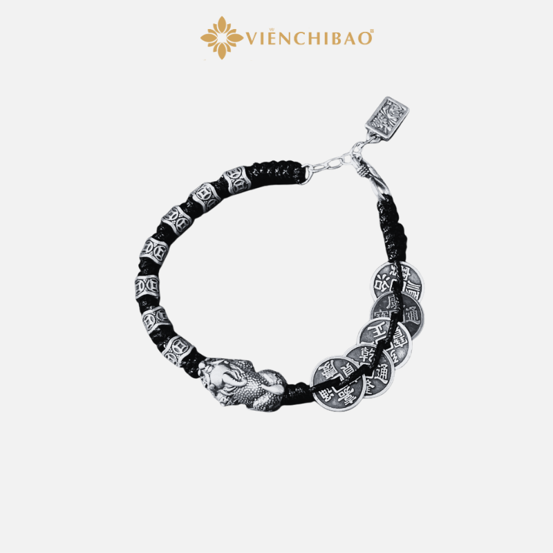 Vòng Tay Tỳ Hưu Đồng Tiền Dây Vải - Bạc Thái S925 - L100714 -  HuyK Viễn Chí Bảo