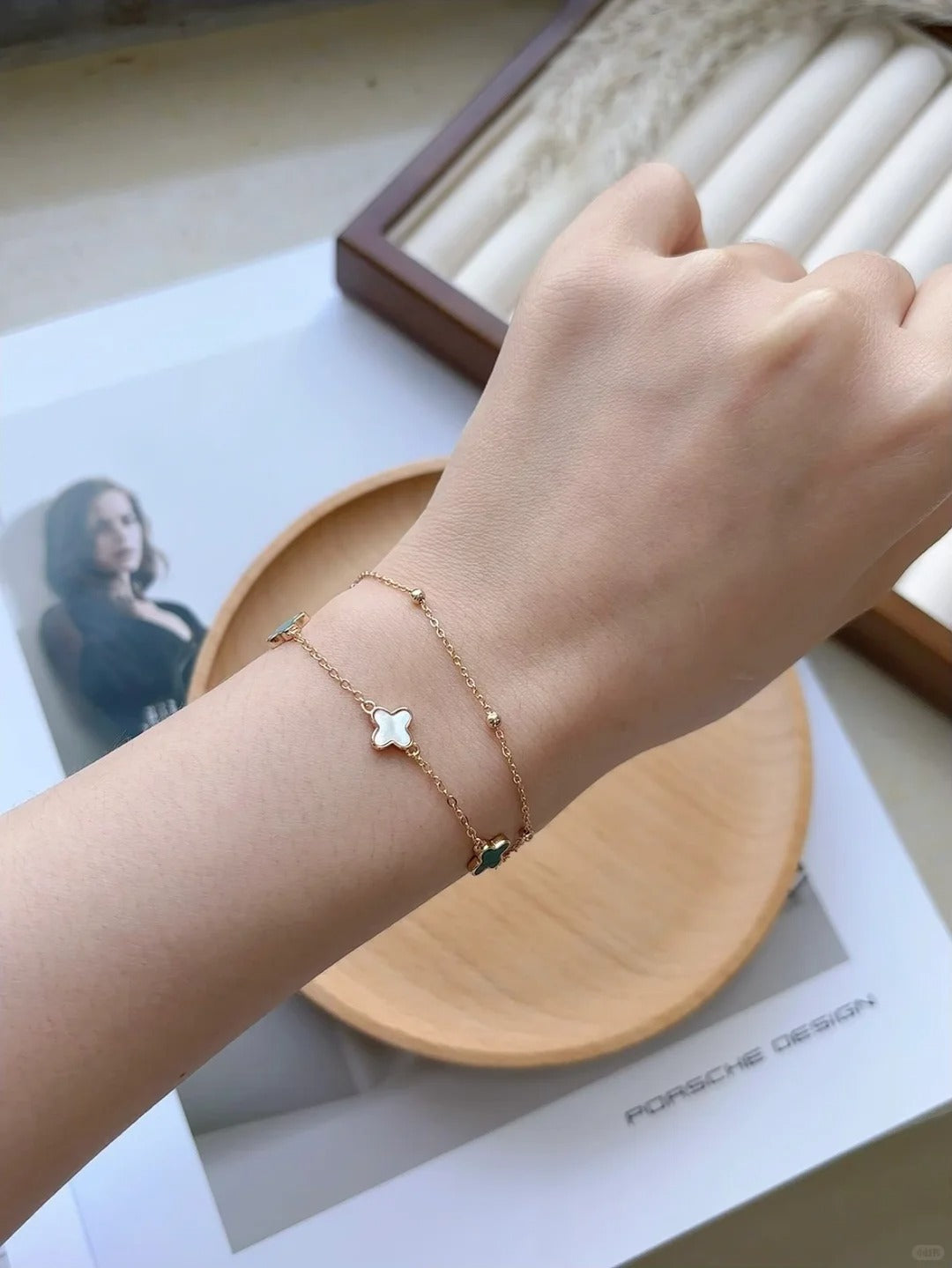 Lắc Tay Dây Chuyền Xi Vàng Hồng Cỏ Bốn Lá - Bạc Ý S925 - HuyK Viễn Chí Bảo