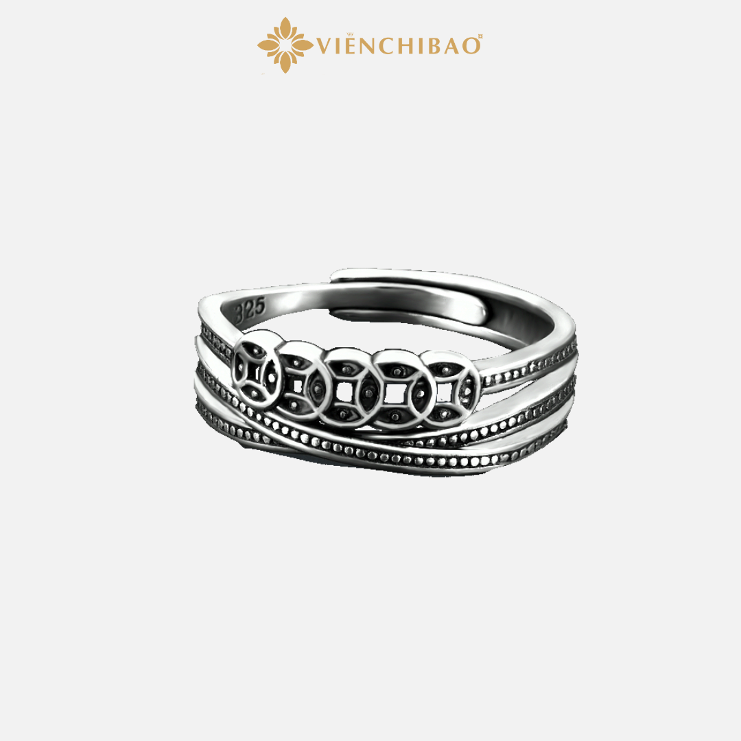 Nhẫn Kim Tiền Xiên Chéo - Bạc Thái S925 -N000451x-  HuyK Viễn Chí Bảo