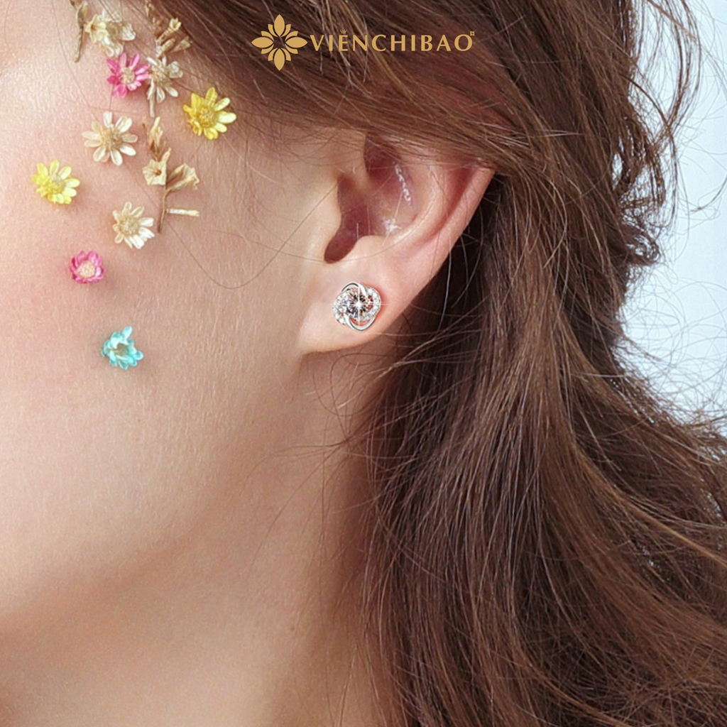 Bông Tai Cỏ 4 Lá Đính Đá Zircon - Bạc S999 - HuyK Viễn Chí Bảo - B400102