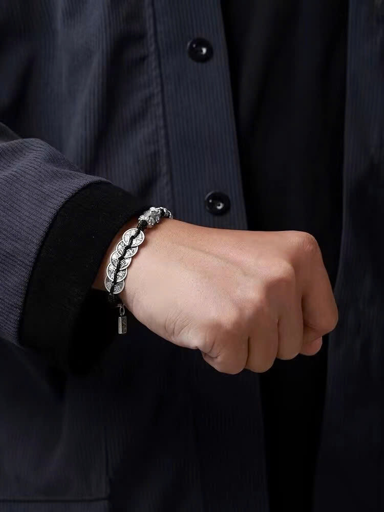 Vòng Tay Tỳ Hưu Đồng Tiền Dây Vải - Bạc Thái S925 - L100714-  HuyK Viễn Chí Bảo