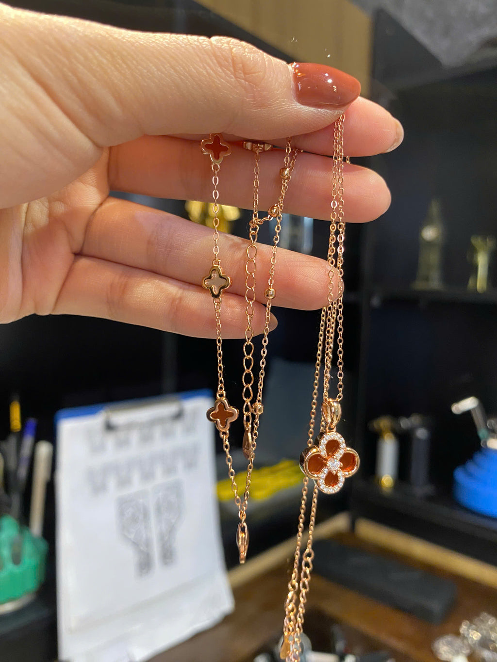 Lắc Tay Dây Chuyền Xi Vàng Hồng Cỏ Bốn Lá - Bạc Ý S925 - HuyK Viễn Chí Bảo