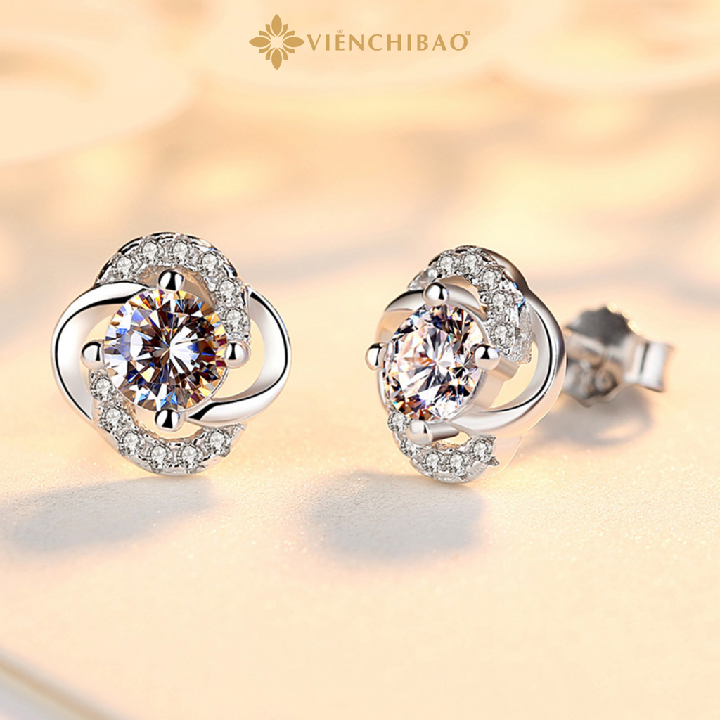 Bông Tai Cỏ 4 Lá Đính Đá Zircon - Bạc S999 - HuyK Viễn Chí Bảo - B400102