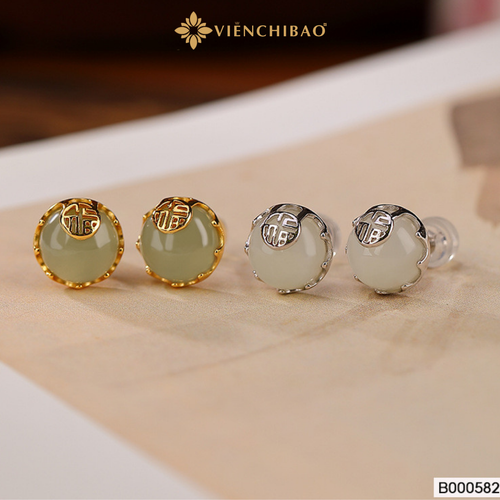 Bông Tai Chữ Phúc Bạch Ngọc - Bạc S925 -  B000582 - HuyK Viễn Chí Bảo
