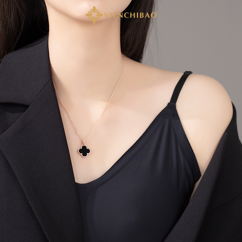 Dây Chuyền Cỏ 4 Lá Đen Xi Vàng Hồng - Bạc S925 - D000997 - HuyK Viễn Chí Bảo