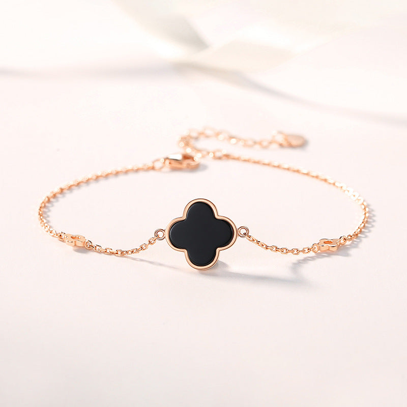 Lắc tay cỏ 4 lá màu đen xi vàng hồng - Bạc S925 - L001271 - HuyK Viễn Chí Bảo