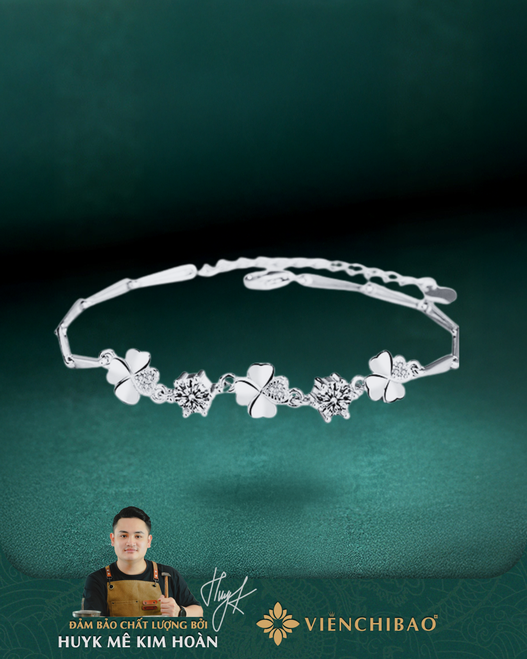 Lắc Tay Cỏ 4 lá Đính Đá Trắng - Bạc Ý S925 - L400747- HuyK Viễn Chí Bảo