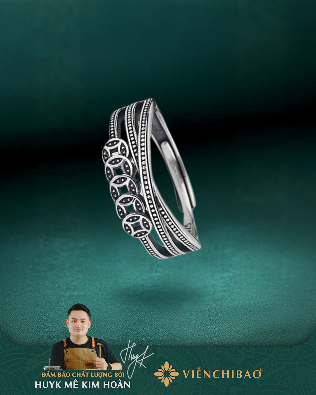 Nhẫn Kim Tiền Xiên Chéo - Bạc Thái S925 -N000451x-  HuyK Viễn Chí Bảo