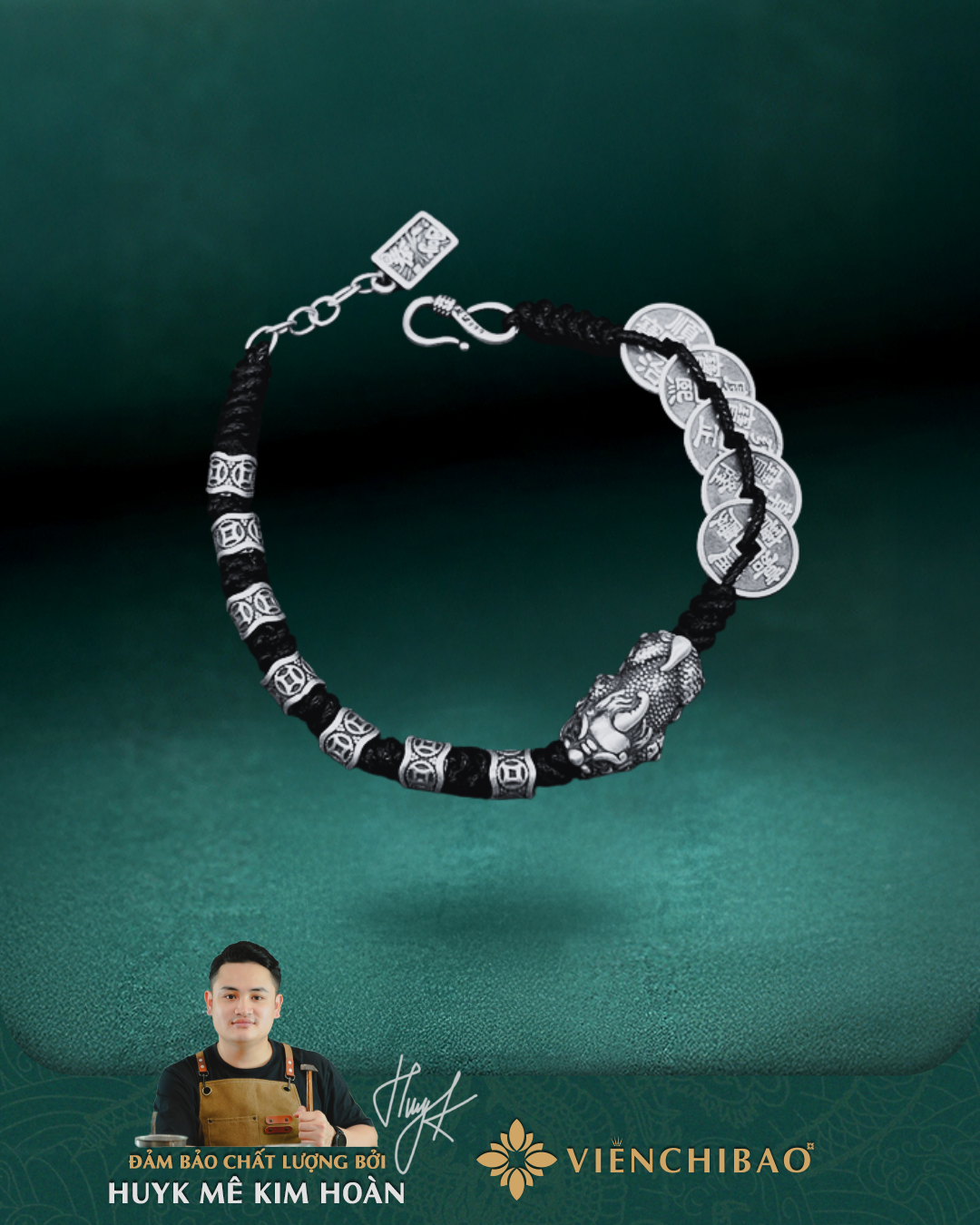 Vòng Tay Tỳ Hưu Đồng Tiền Dây Vải - Bạc Thái S925 - L100714-  HuyK Viễn Chí Bảo