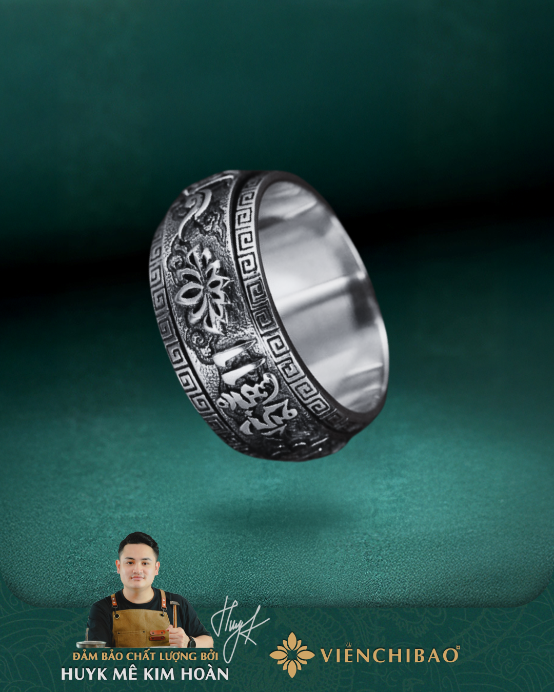 Nhẫn Lục Tự Đại Minh Chú Liên Hoa Chữ Vạn - Bạc Thái S925- N102589 - HuyK Viễn Chí Bảo