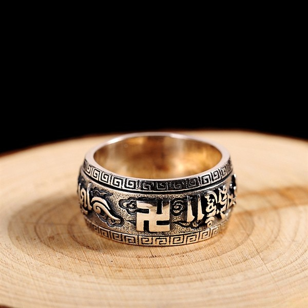 Nhẫn Lục Tự Đại Minh Chú Liên Hoa Chữ Vạn - Bạc Thái S925- N102589 - HuyK Viễn Chí Bảo