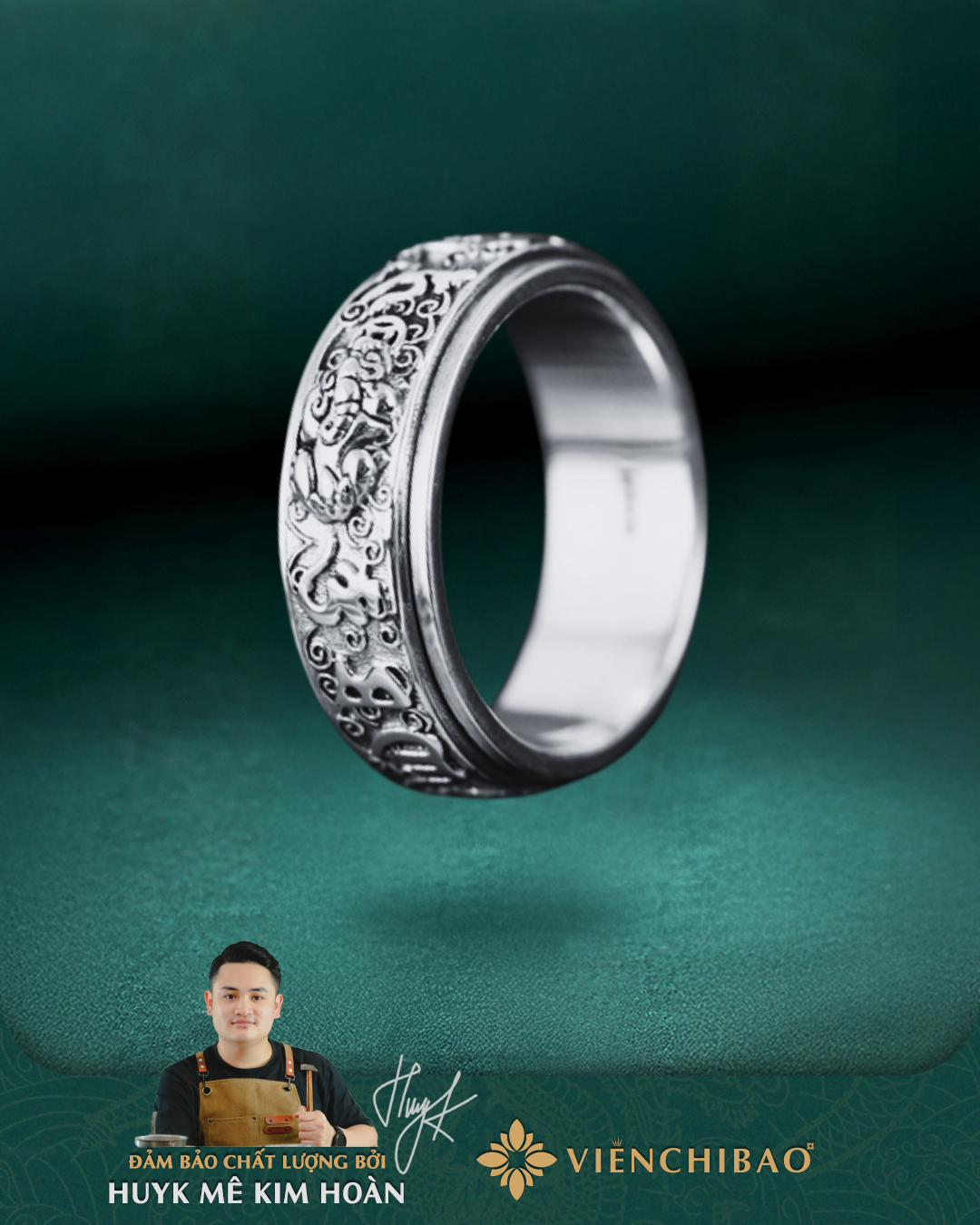 Nhẫn Tỳ Hưu Lục Tự Xoay - Bạc Thái S925 - N101184 - HuyK Viễn Chí Bảo