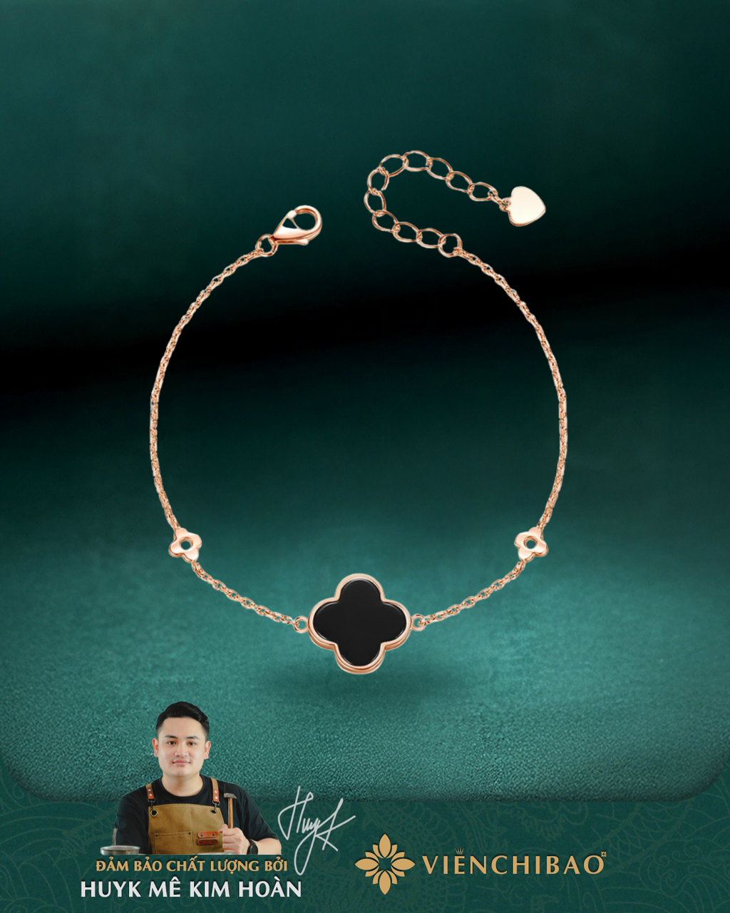 Lắc tay cỏ 4 lá màu đen xi vàng hồng - Bạc S925 - L001271 - HuyK Viễn Chí Bảo