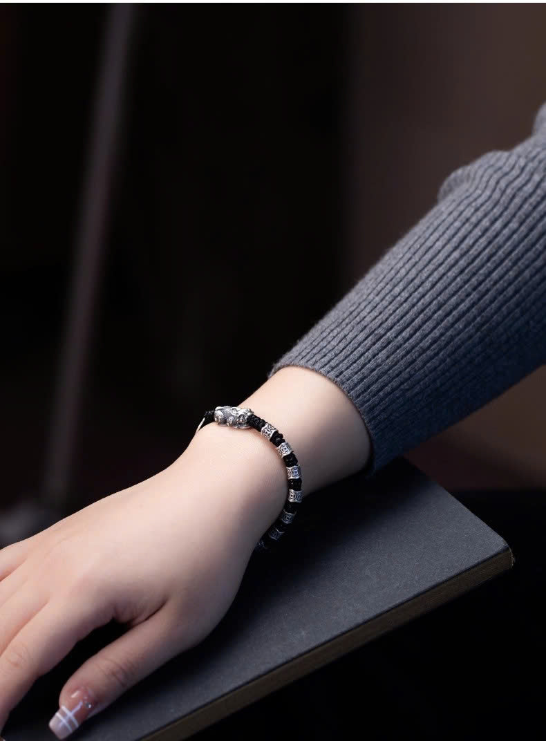 Vòng Tay Tỳ Hưu Đồng Tiền Dây Vải - Bạc Thái S925 - L100714-  HuyK Viễn Chí Bảo