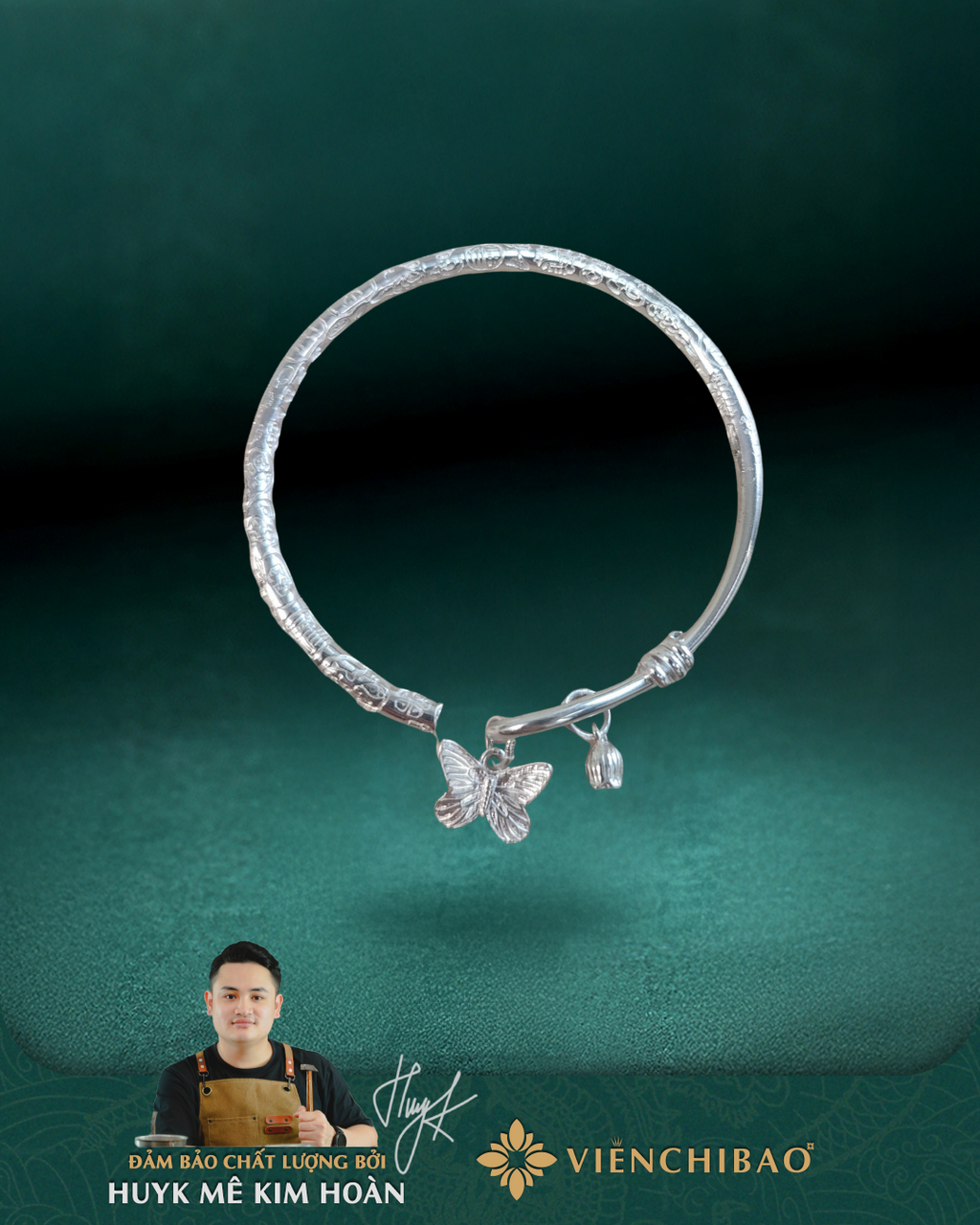 Kiềng Tay Hở Mix Charm Bướm - Bạc S999 - K400010 - HuyK Viễn Chí Bảo