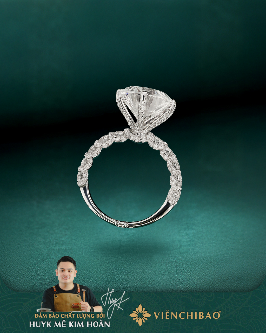 Nhẫn Nữ Đính Đá Moissanite 12mm - Bạc Ý S925- HuyK Viễn Chí Bảo