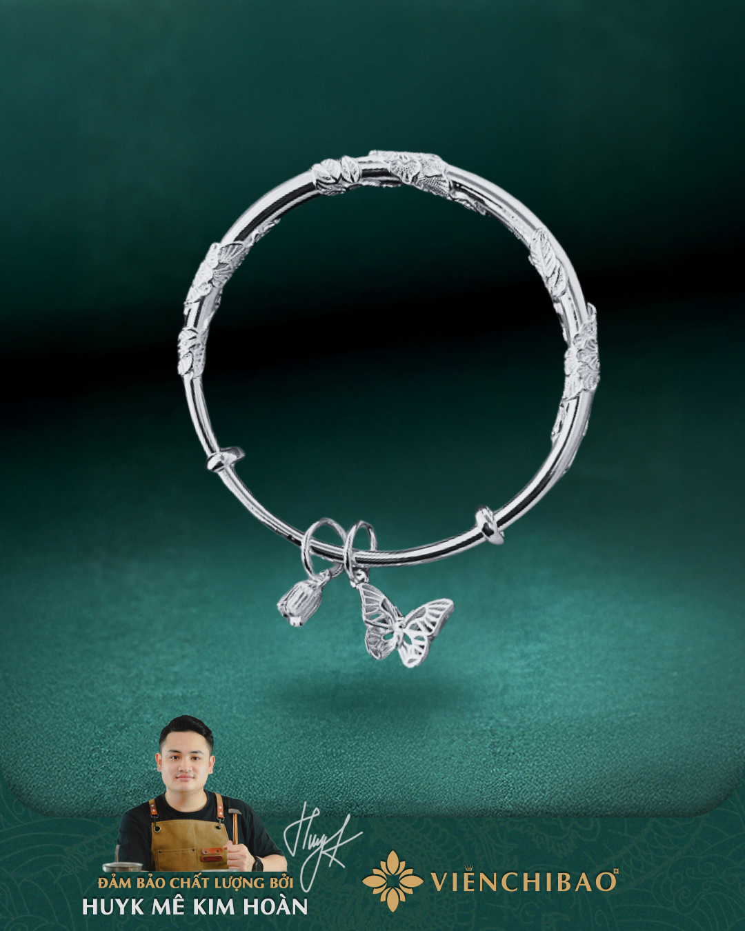 Lắc Tay Hoa Lá Mix Charm Bướm - Bạc S999 - HuyK Viễn Chí Bảo