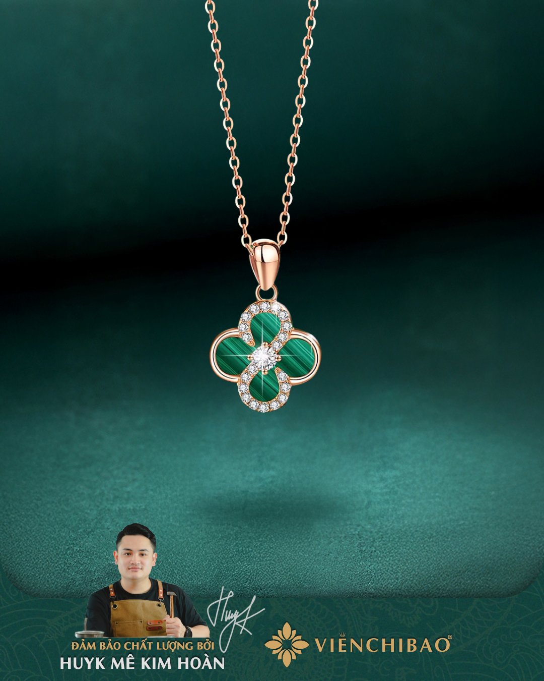Lắc Tay Dây Chuyền Xi Vàng Hồng Cỏ Bốn Lá - Bạc Ý S925 - HuyK Viễn Chí Bảo
